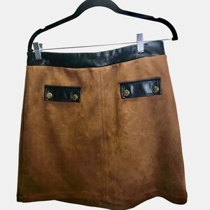 Brown Faux Suede Mini Skirt with Black Faux Leather Trim & Gold Button Detail